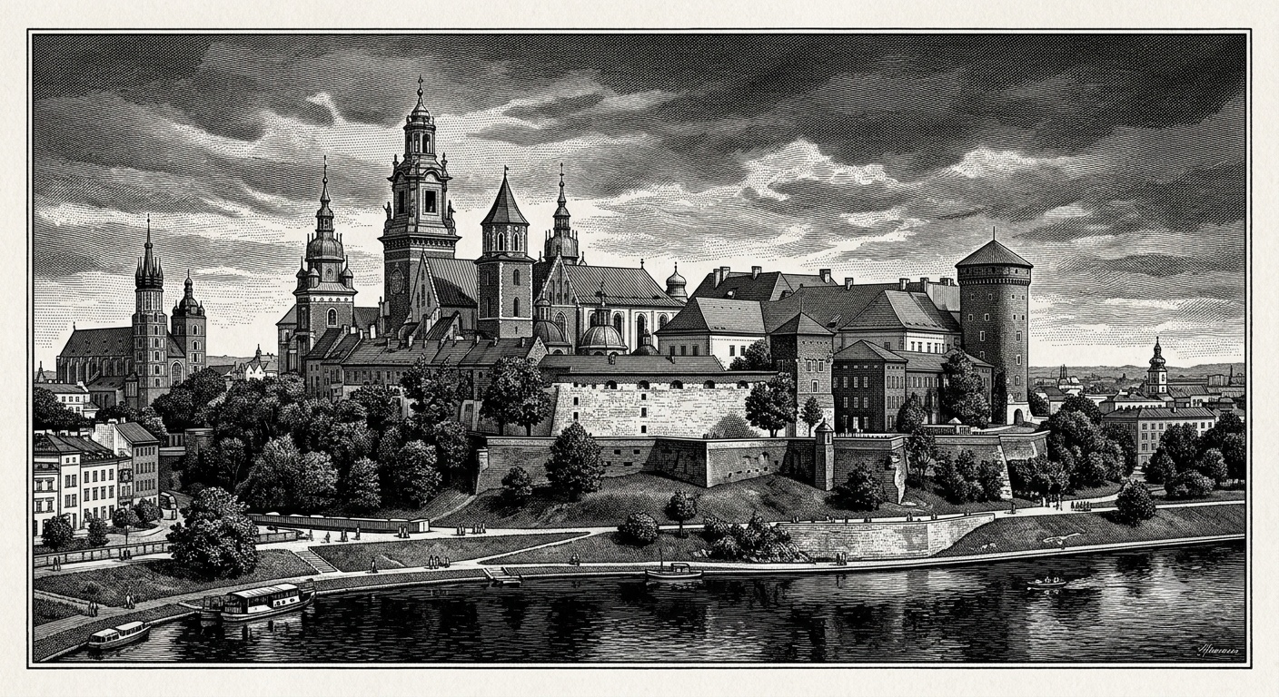 Szczegółowy sztych panoramy Krakowa z Wawelem, rodzinnego miasta zespołu inżynierów Couders.
